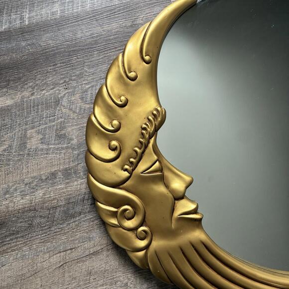 Vintage 80s 90s Gold Crescent Moon Face Wall Mirror 26” Hollywood Regency Style - Picture 2 of 6